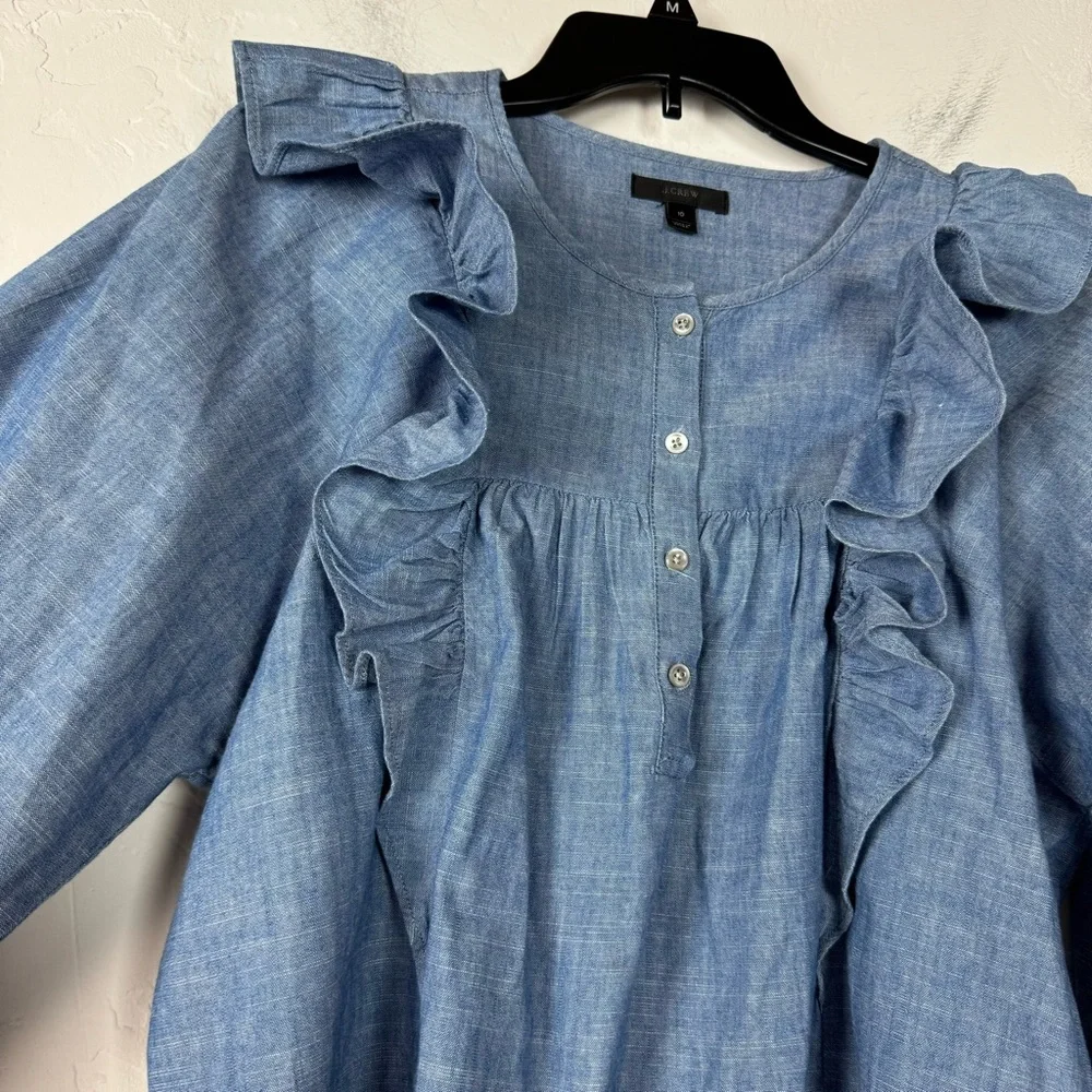 J. Crew Chambray Ruffle Front Button Blouse in Light Blue